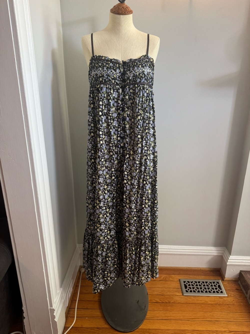 Free People Black Floral Smocked Dress with Yellow and Blue Accents
